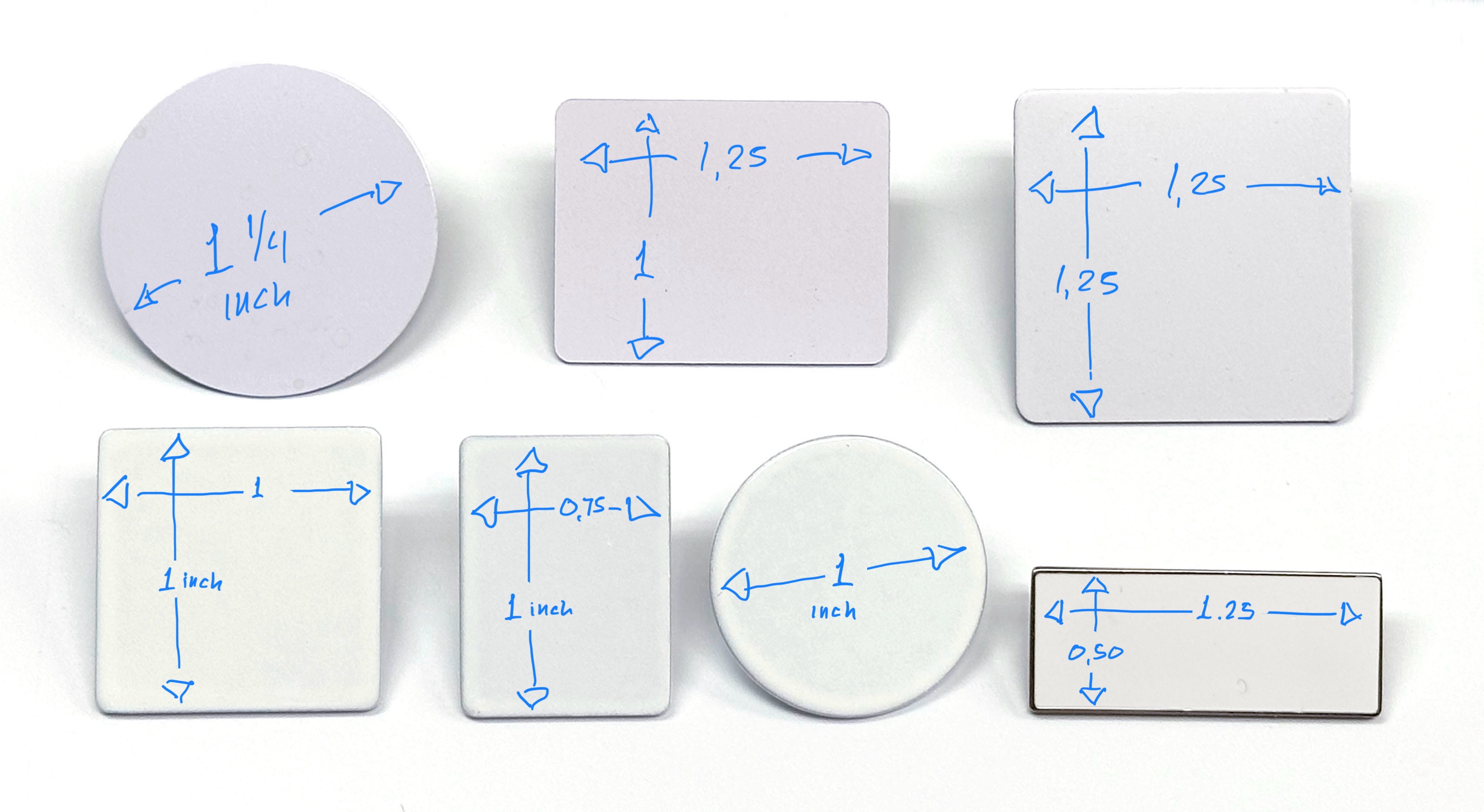 5Day rush lapel pin - stock shape descriptions - notice artwork must have at least 1mm extra space in all directions for easy printing - we do not recomend concentric circles or squares along the edge as slight inaccuracy in positioning will show 